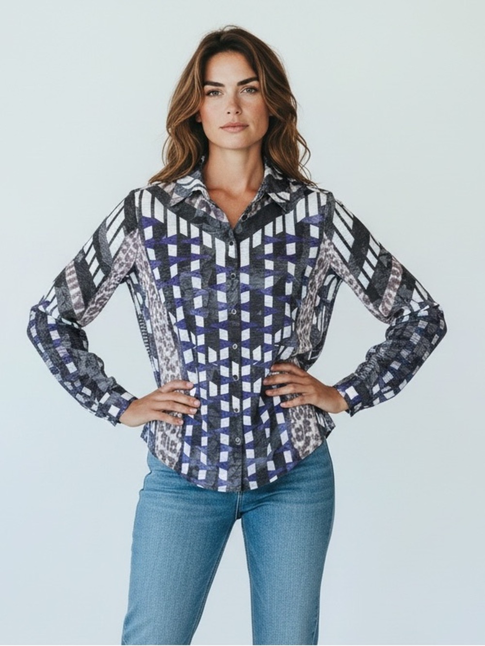 David Cline Geometric & Leopard Print Button Down Knit Shirt Purple B&W Lg #2339